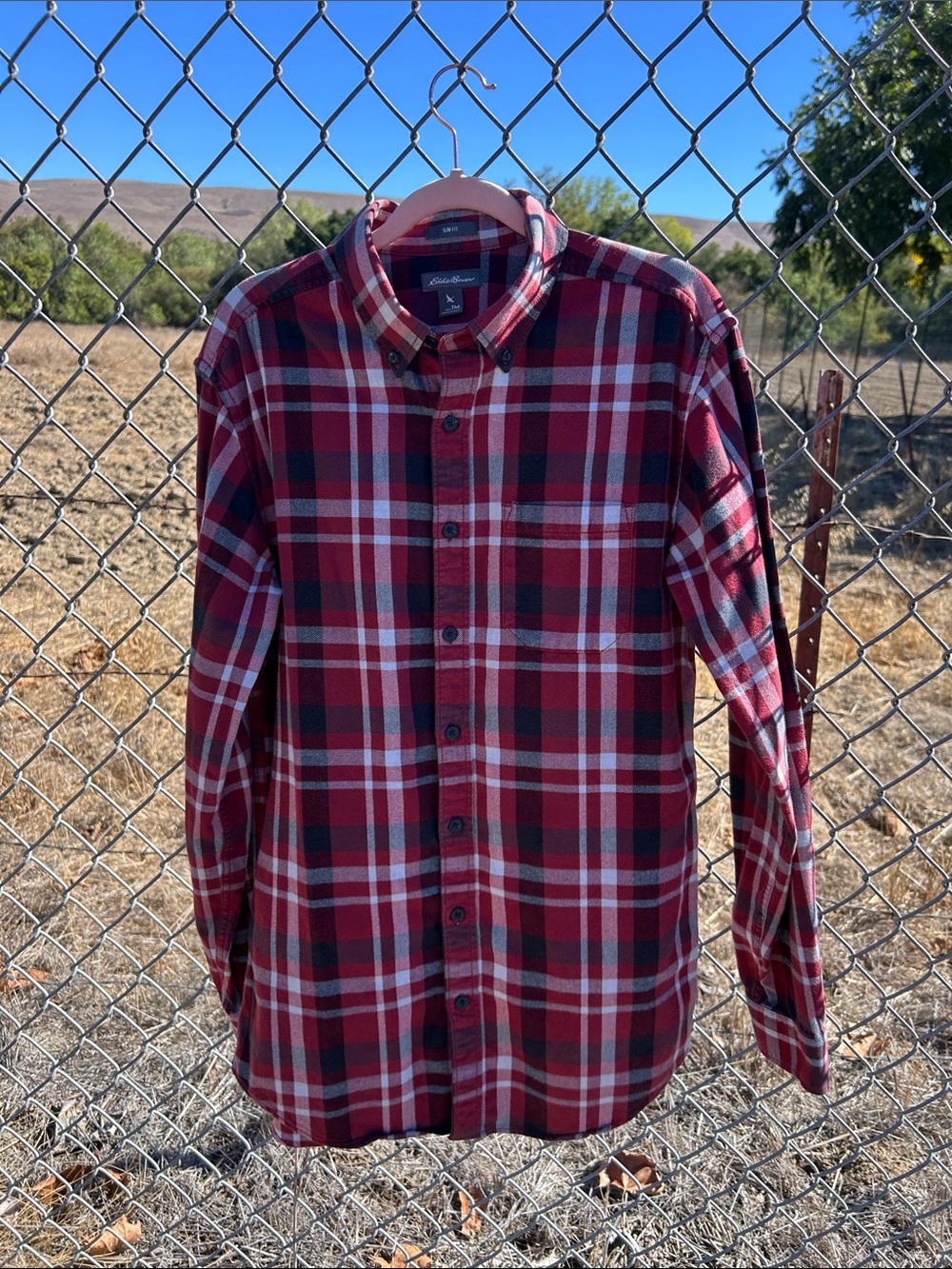 Eddie Bauer Slim Fit Tall Medium Red and Black Plaid Button-Down Shirt